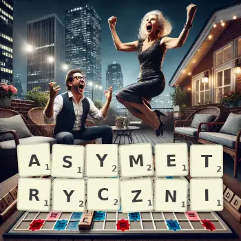 Kreatywna ilustracja do gry w Scrabble ze słowem ASYMETRYCZNI ułożonym z płytek na planszy.