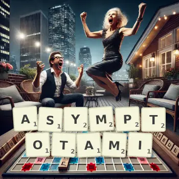 Kreatywna ilustracja do gry w Scrabble ze słowem ASYMPTOTAMI ułożonym z płytek na planszy.