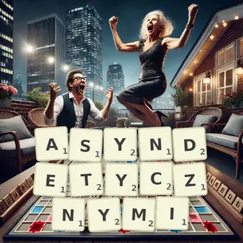 Kreatywna ilustracja do gry w Scrabble ze słowem ASYNDETYCZNYMI ułożonym z płytek na planszy.