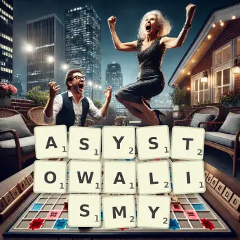 Kreatywna ilustracja do gry w Scrabble ze słowem ASYSTOWALISMY ułożonym z płytek na planszy.