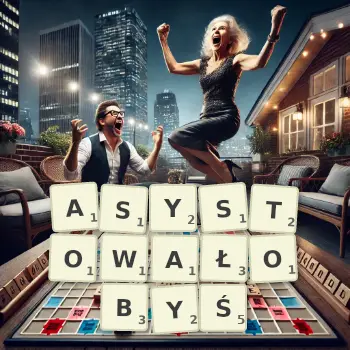 Kreatywna ilustracja do gry w Scrabble ze słowem ASYSTOWAŁOBYŚ ułożonym z płytek na planszy.