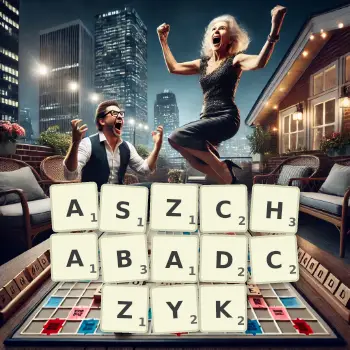 Kreatywna ilustracja do gry w Scrabble ze słowem ASZCHABADCZYK ułożonym z płytek na planszy.