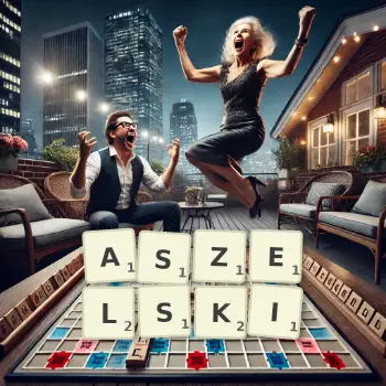 Kreatywna ilustracja do gry w Scrabble ze słowem ASZELSKI ułożonym z płytek na planszy.