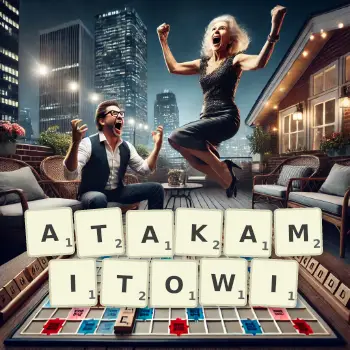 Kreatywna ilustracja do gry w Scrabble ze słowem ATAKAMITOWI ułożonym z płytek na planszy.