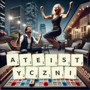 Kreatywna ilustracja do gry w Scrabble ze słowem ATEISTYCZNI ułożonym z płytek na planszy.