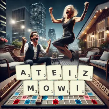 Kreatywna ilustracja do gry w Scrabble ze słowem ATEIZMOWI ułożonym z płytek na planszy.