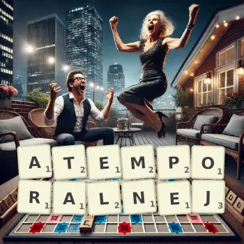 Kreatywna ilustracja do gry w Scrabble ze słowem ATEMPORALNEJ ułożonym z płytek na planszy.