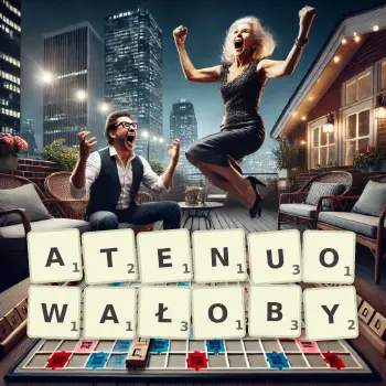 Kreatywna ilustracja do gry w Scrabble ze słowem ATENUOWAŁOBY ułożonym z płytek na planszy.