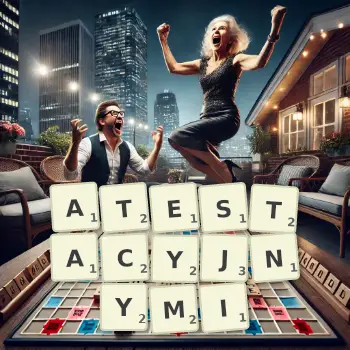 Kreatywna ilustracja do gry w Scrabble ze słowem ATESTACYJNYMI ułożonym z płytek na planszy.