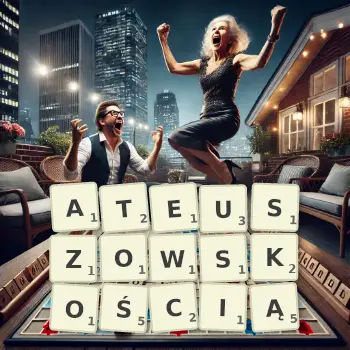 Kreatywna ilustracja do gry w Scrabble ze słowem ATEUSZOWSKOŚCIĄ ułożonym z płytek na planszy.