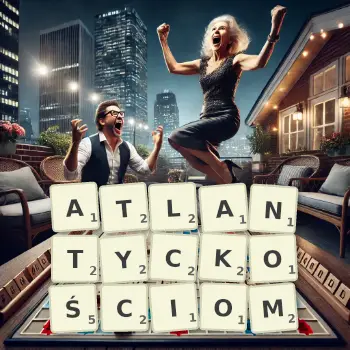 Kreatywna ilustracja do gry w Scrabble ze słowem ATLANTYCKOŚCIOM ułożonym z płytek na planszy.