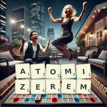 Kreatywna ilustracja do gry w Scrabble ze słowem ATOMIZEREM ułożonym z płytek na planszy.