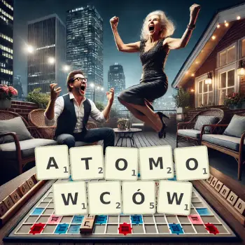 Kreatywna ilustracja do gry w Scrabble ze słowem ATOMOWCÓW ułożonym z płytek na planszy.