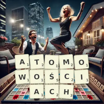 Kreatywna ilustracja do gry w Scrabble ze słowem ATOMOWOŚCIACH ułożonym z płytek na planszy.