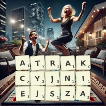 Kreatywna ilustracja do gry w Scrabble ze słowem ATRAKCYJNIEJSZA ułożonym z płytek na planszy.