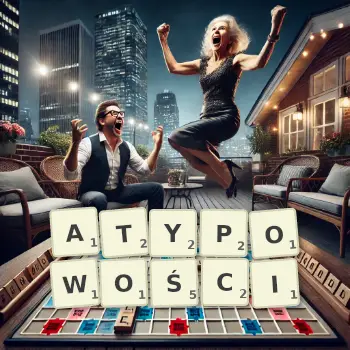 Kreatywna ilustracja do gry w Scrabble ze słowem ATYPOWOŚCI ułożonym z płytek na planszy.