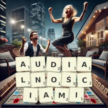 Kreatywna ilustracja do gry w Scrabble ze słowem AUDIALNOŚCIAMI ułożonym z płytek na planszy.
