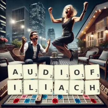 Kreatywna ilustracja do gry w Scrabble ze słowem AUDIOFILIACH ułożonym z płytek na planszy.