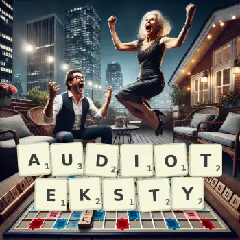 Kreatywna ilustracja do gry w Scrabble ze słowem AUDIOTEKSTY ułożonym z płytek na planszy.
