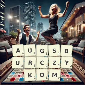 Kreatywna ilustracja do gry w Scrabble ze słowem AUGSBURCZYKOM ułożonym z płytek na planszy.