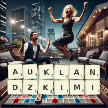 Kreatywna ilustracja do gry w Scrabble ze słowem AUKLANDZKIMI ułożonym z płytek na planszy.