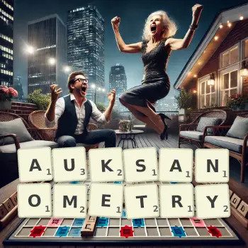 Kreatywna ilustracja do gry w Scrabble ze słowem AUKSANOMETRY ułożonym z płytek na planszy.