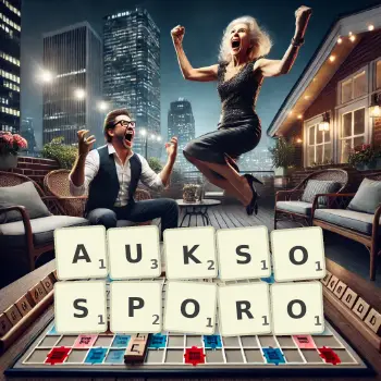 Kreatywna ilustracja do gry w Scrabble ze słowem AUKSOSPORO ułożonym z płytek na planszy.