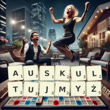 Kreatywna ilustracja do gry w Scrabble ze słowem AUSKULTUJMYŻ ułożonym z płytek na planszy.
