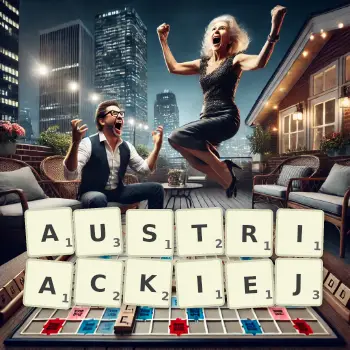 Kreatywna ilustracja do gry w Scrabble ze słowem AUSTRIACKIEJ ułożonym z płytek na planszy.