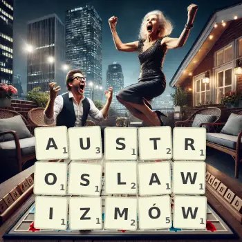 Kreatywna ilustracja do gry w Scrabble ze słowem AUSTROSLAWIZMÓW ułożonym z płytek na planszy.