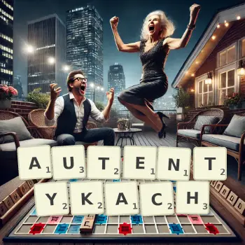 Kreatywna ilustracja do gry w Scrabble ze słowem AUTENTYKACH ułożonym z płytek na planszy.