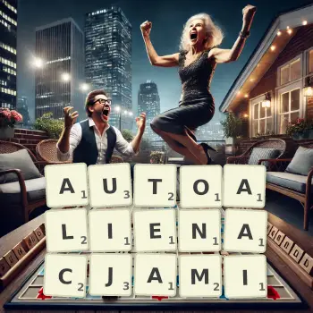 Kreatywna ilustracja do gry w Scrabble ze słowem AUTOALIENACJAMI ułożonym z płytek na planszy.