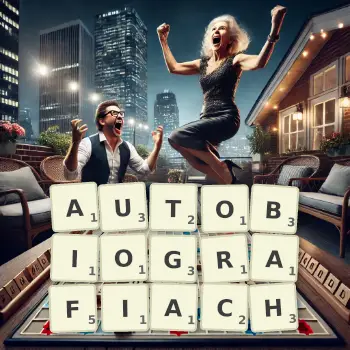 Kreatywna ilustracja do gry w Scrabble ze słowem AUTOBIOGRAFIACH ułożonym z płytek na planszy.