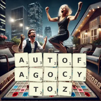 Kreatywna ilustracja do gry w Scrabble ze słowem AUTOFAGOCYTOZ ułożonym z płytek na planszy.