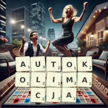 Kreatywna ilustracja do gry w Scrabble ze słowem AUTOKOLIMACJA ułożonym z płytek na planszy.