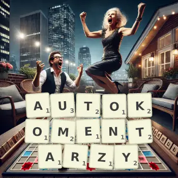 Kreatywna ilustracja do gry w Scrabble ze słowem AUTOKOMENTARZY ułożonym z płytek na planszy.