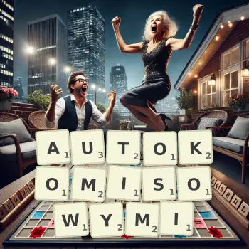 Kreatywna ilustracja do gry w Scrabble ze słowem AUTOKOMISOWYMI ułożonym z płytek na planszy.