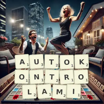 Kreatywna ilustracja do gry w Scrabble ze słowem AUTOKONTROLAMI ułożonym z płytek na planszy.
