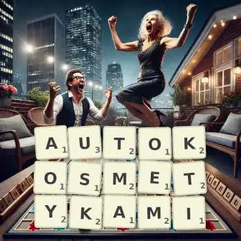 Kreatywna ilustracja do gry w Scrabble ze słowem AUTOKOSMETYKAMI ułożonym z płytek na planszy.
