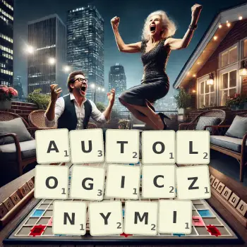 Kreatywna ilustracja do gry w Scrabble ze słowem AUTOLOGICZNYMI ułożonym z płytek na planszy.