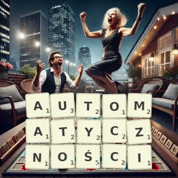 Kreatywna ilustracja do gry w Scrabble ze słowem AUTOMATYCZNOŚCI ułożonym z płytek na planszy.
