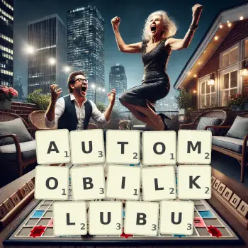 Kreatywna ilustracja do gry w Scrabble ze słowem AUTOMOBILKLUBU ułożonym z płytek na planszy.