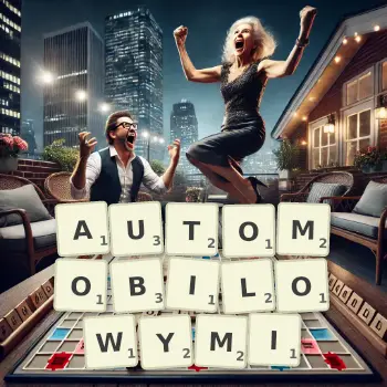 Kreatywna ilustracja do gry w Scrabble ze słowem AUTOMOBILOWYMI ułożonym z płytek na planszy.