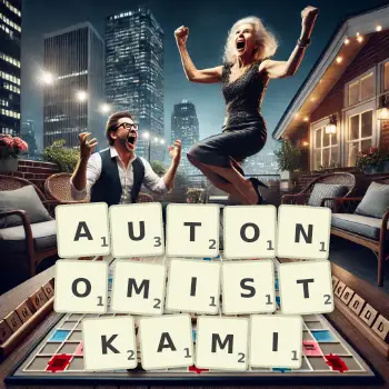 Kreatywna ilustracja do gry w Scrabble ze słowem AUTONOMISTKAMI ułożonym z płytek na planszy.
