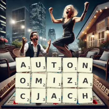 Kreatywna ilustracja do gry w Scrabble ze słowem AUTONOMIZACJACH ułożonym z płytek na planszy.