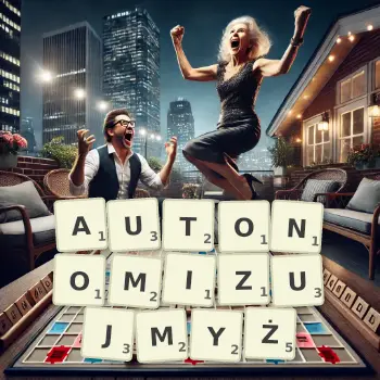 Kreatywna ilustracja do gry w Scrabble ze słowem AUTONOMIZUJMYŻ ułożonym z płytek na planszy.