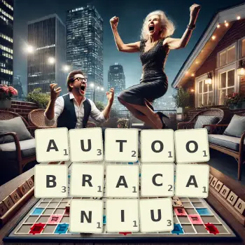Kreatywna ilustracja do gry w Scrabble ze słowem AUTOOBRACANIU ułożonym z płytek na planszy.