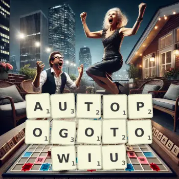 Kreatywna ilustracja do gry w Scrabble ze słowem AUTOPOGOTOWIU ułożonym z płytek na planszy.