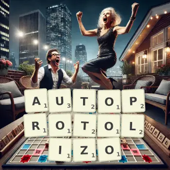 Kreatywna ilustracja do gry w Scrabble ze słowem AUTOPROTOLIZO ułożonym z płytek na planszy.