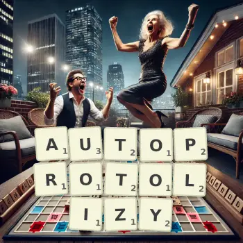 Kreatywna ilustracja do gry w Scrabble ze słowem AUTOPROTOLIZY ułożonym z płytek na planszy.